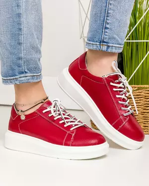 Pantofi casual piele naturala rosii cu inchidere sireturi JY3550