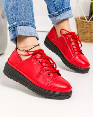 Pantofi casual piele naturala rosii cu talpa neagra si inchidere siret JY2780
