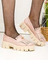Pantofi casual piele naturala roz cu accesoriu metalic bondar auriu si franjuri BA028 4