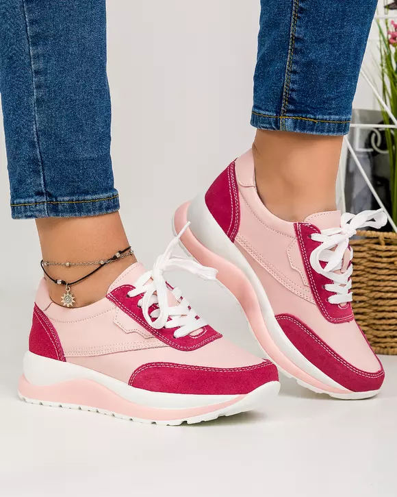 Pantofi casual piele naturala roz si piele naturala intoarsa roz  inchis ST-01