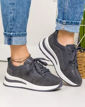 Pantofi casual piele naturala si piele naturala intoarsa gri inchis T-5100