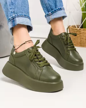 Pantofi casual piele naturala verde inchis cu talpa groasa T-5025