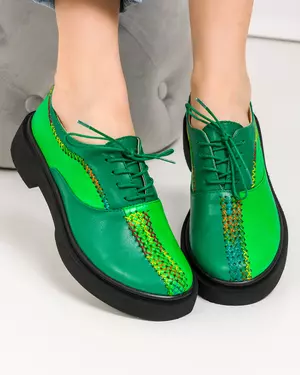 Pantofi casual piele naturala verzi cu inchidere siret si cusaturi multicolore POL209