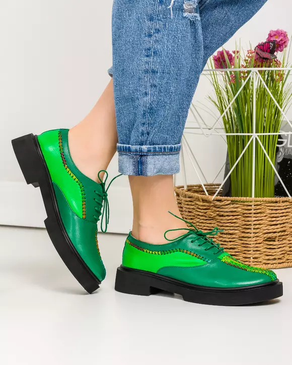 Pantofi casual piele naturala verzi cu inchidere siret si cusaturi multicolore POL209