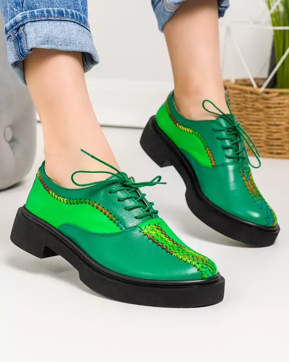Pantofi casual piele naturala verzi cu inchidere siret si cusaturi multicolore POL209