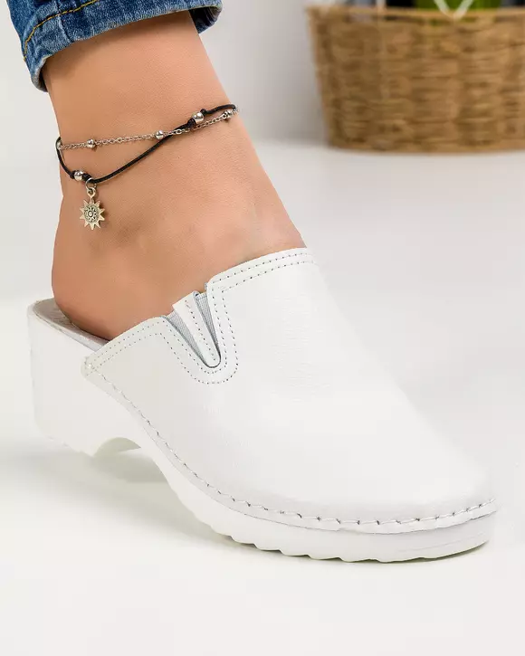Papuci dama piele naturala albi cu insertie elastica RS23