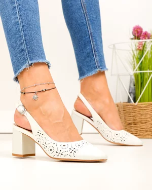 Pantofi dama piele naturala albi cu toc gros si inchidere catarama SN4001