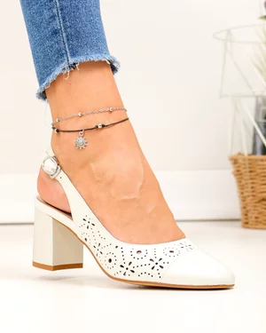 Pantofi dama piele naturala albi cu toc gros si inchidere catarama SN4001