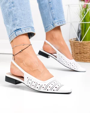 Pantofi dama piele naturala albi cu toc gros si model perforat SN4010