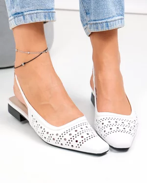 Pantofi dama piele naturala albi cu toc gros si model perforat SN4010