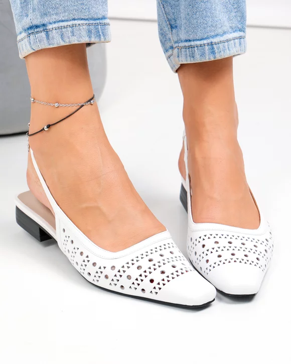 Pantofi dama piele naturala albi cu toc gros si model perforat SN4010