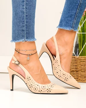 Pantofi dama piele naturala bej inchis cu model perforat si toc subtire SN4012