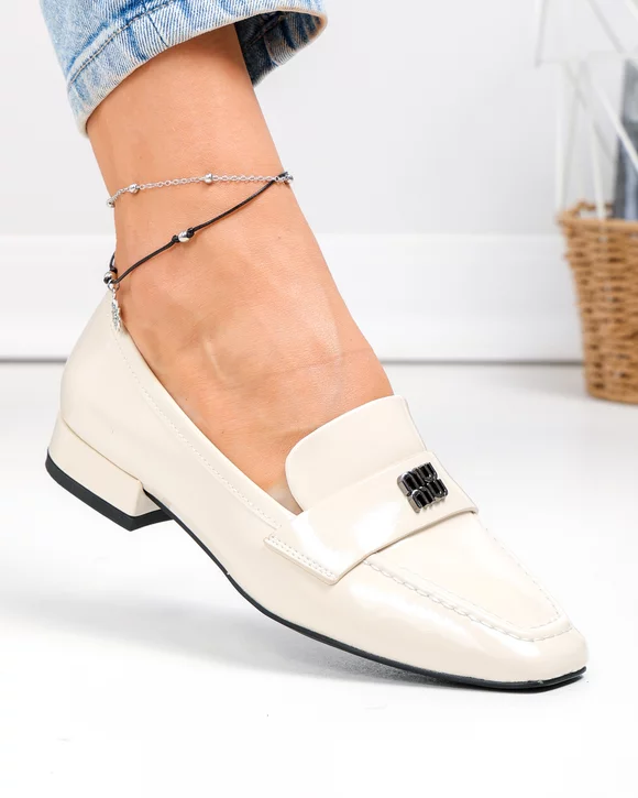 Pantofi dama piele naturala lacuita bej cu toc gros TN6501