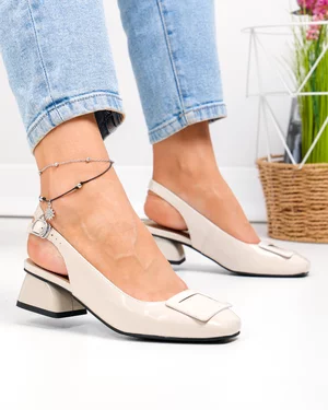 Pantofi dama piele naturala lacuita bej cu toc mic si inchidere catarama TN6408