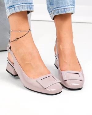 Pantofi dama piele naturala lacuita roz inchis cu toc gros si aplicatie metalica TN6408