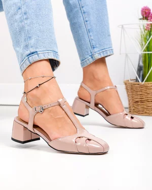 Pantofi dama piele naturala lacuita roz inchis cu toc gros si inchidere catarama TN6508