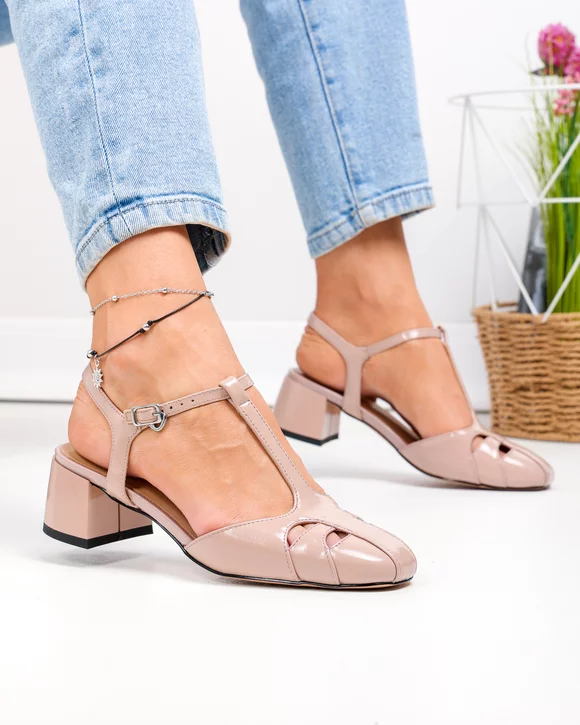 Pantofi dama piele naturala lacuita roz inchis cu toc gros si inchidere catarama TN6508