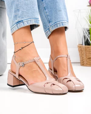 Pantofi dama piele naturala lacuita roz inchis cu toc gros si inchidere catarama TN6508
