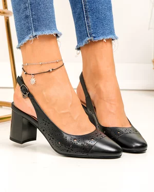 Pantofi dama piele naturala negri cu model perforat si toc gros SN4001