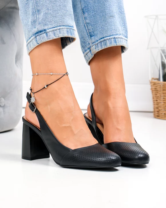 Pantofi dama piele naturala negri cu toc gros si perforatii exterioare XT24061