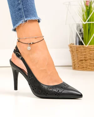 Pantofi dama piele naturala negri cu varf ascutit si toc subtire SN4012