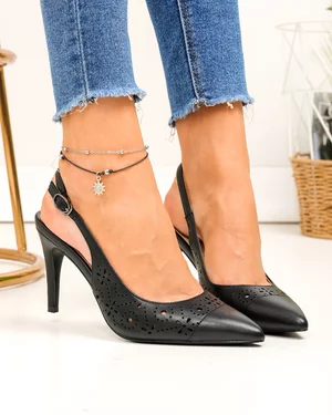 Pantofi dama piele naturala negri cu varf ascutit si toc subtire SN4012