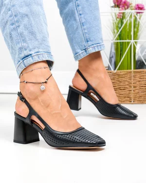 Pantofi dama piele naturala negri perforati cu toc gros TN6509