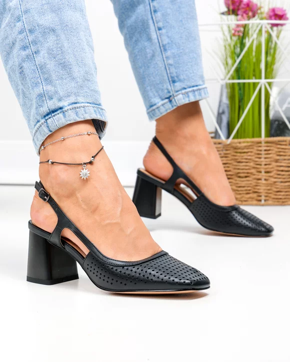Pantofi dama piele naturala negri perforati cu toc gros TN6509