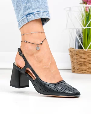 Pantofi dama piele naturala negri perforati cu toc gros TN6509