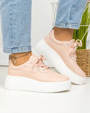 Pantofi dama piele naturala roz cu inchidere sireturi si talpa groasa F002-291