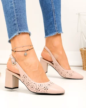 Pantofi dama piele naturala roz cu model perforat si inchidere catarama SN4001