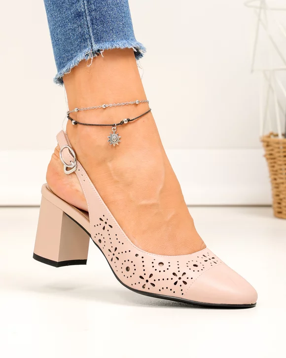 Pantofi dama piele naturala roz cu model perforat si inchidere catarama SN4001
