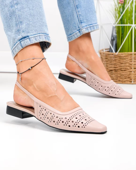 Pantofi dama piele naturala roz cu toc gros si perforatii SN4010