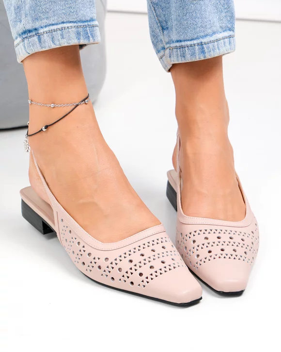 Pantofi dama piele naturala roz cu toc gros si perforatii SN4010