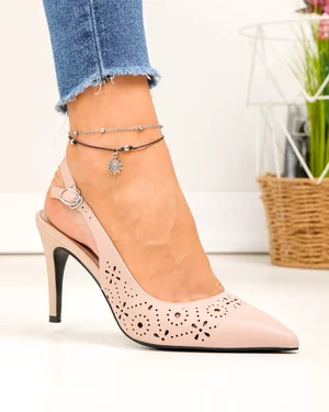 Pantofi dama piele naturala roz cu varf ascutit si model perforat SN4012