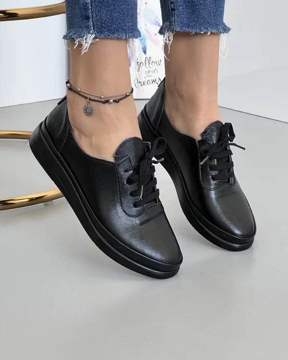 Pantofi De Dama Casual Piele Naturala Negri Cu Siret Elastic AKD05