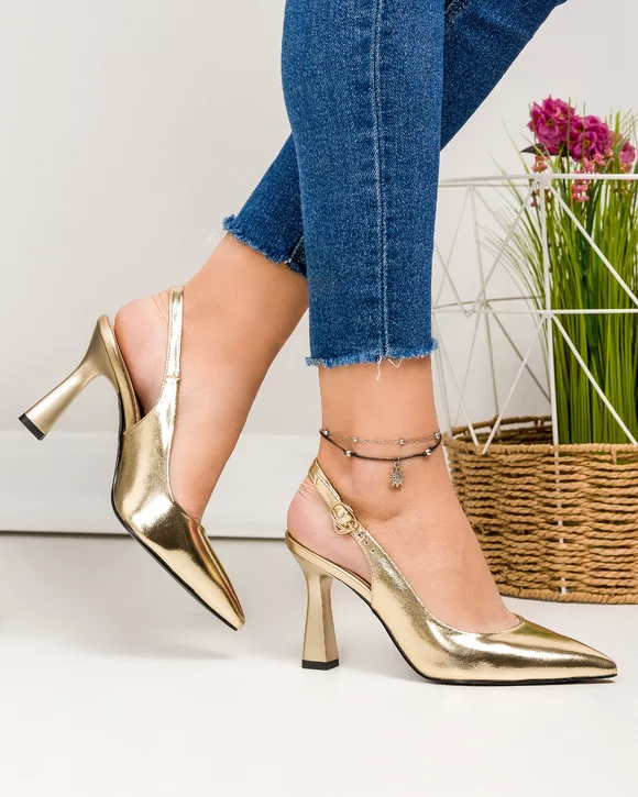 Pantofi eleganti dama piele naturala aurii cu varf ascutit si calcai decupat SN4005