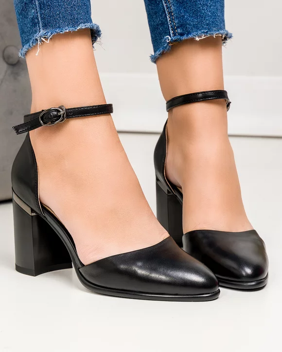 Pantofi eleganti dama piele naturala negri cu  toc gros si inchidere catarama SN4003