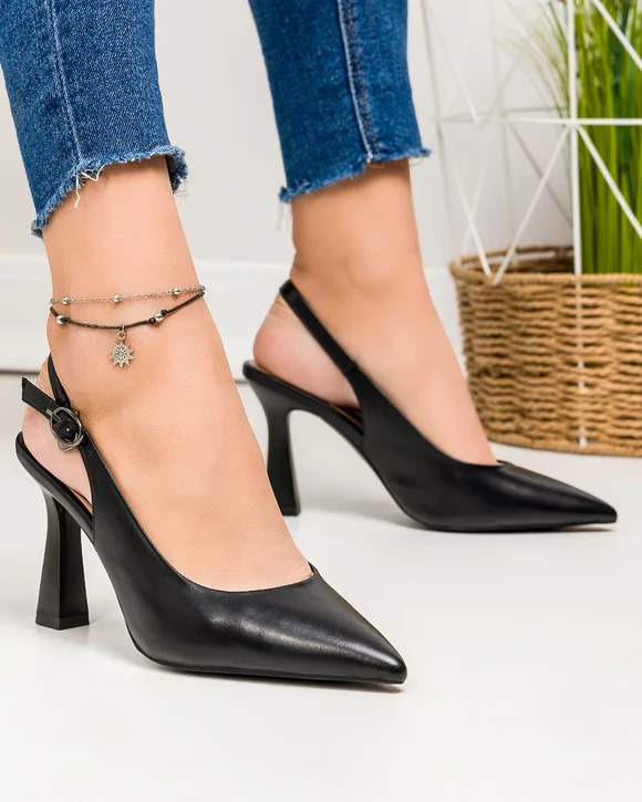 Pantofi eleganti dama piele naturala negri cu toc si varf ascutit SN4005-2