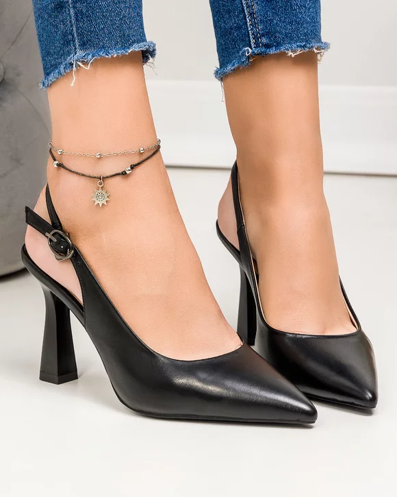 Pantofi eleganti dama piele naturala negri cu toc si varf ascutit SN4005-2