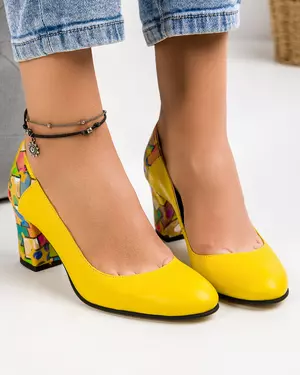 Pantofi eleganti piele naturala galbeni cu print geometric WIZ23
