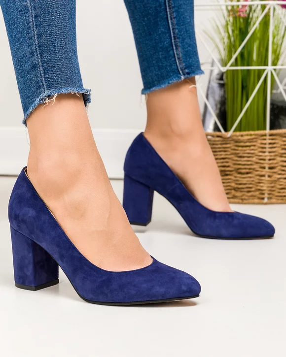 Pantofi Eleganti - Pantofi eleganti piele naturala intoarsa bleumarin cu toc gros WIZ66