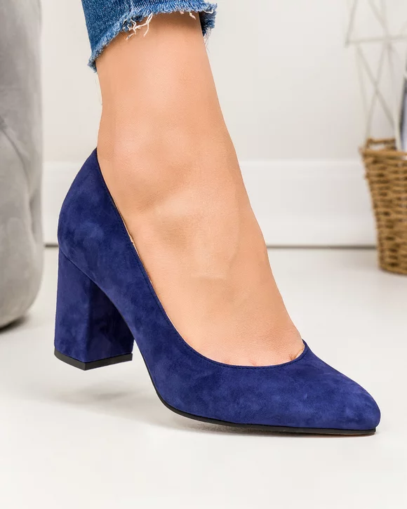 Pantofi eleganti piele naturala intoarsa bleumarin cu toc gros WIZ66