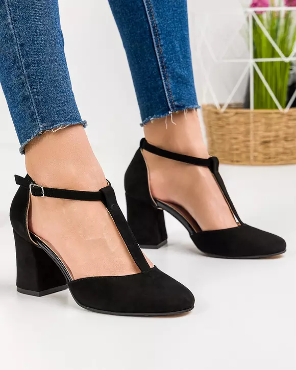 Pantofi eleganti piele naturala intoarsa negri cu bareta verticala si inchidere catarama WIZ39V