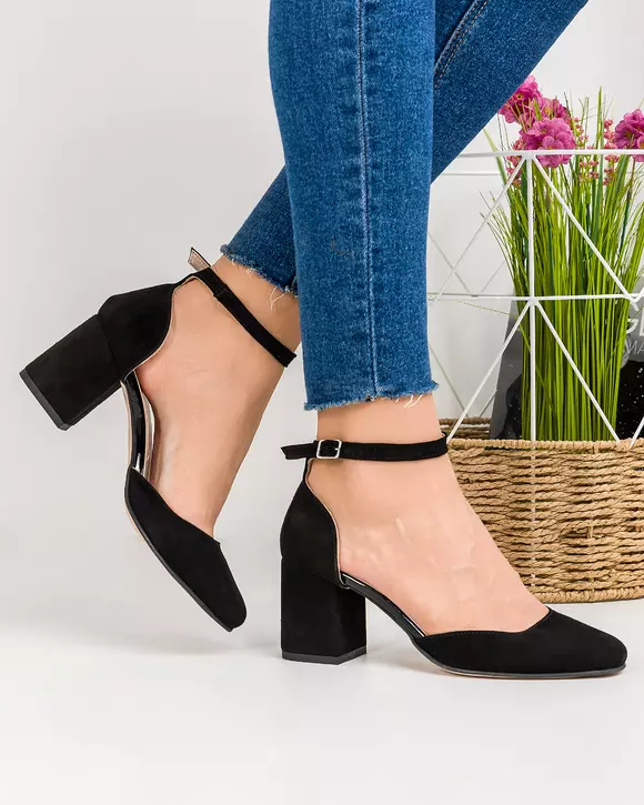 Pantofi eleganti piele naturala intoarsa negri cu toc gros WIZ32V