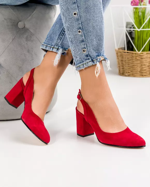 Pantofi eleganti piele naturala intoarsa rosii cu toc gros WIZ38