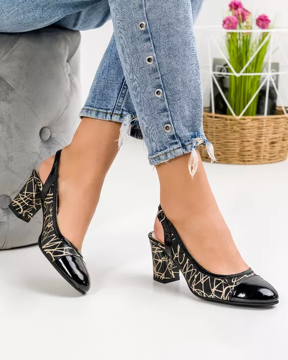 Pantofi eleganti piele naturala lucioasa negri cu insertie aurie si toc gros WIZ36