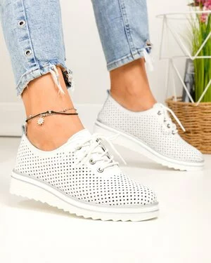 Pantofi Piele Naturala Casual Albi Perforati Cu Siret XH-3200