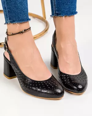 Pantofi piele naturala negri perforati cu toc gros si inchidere catarama LF247