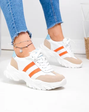 Pantofi sport dama piele naturala albi cu piele naturala intoarsa bej WIZ0226